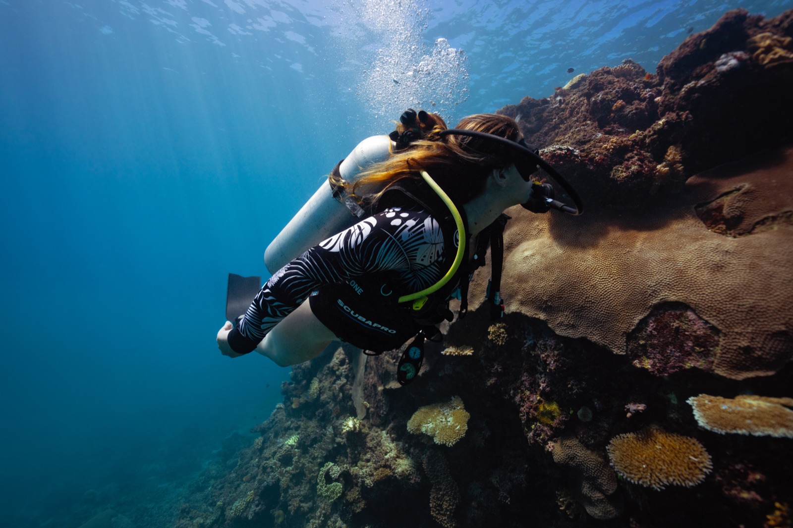 A diver suspended in deep blue water